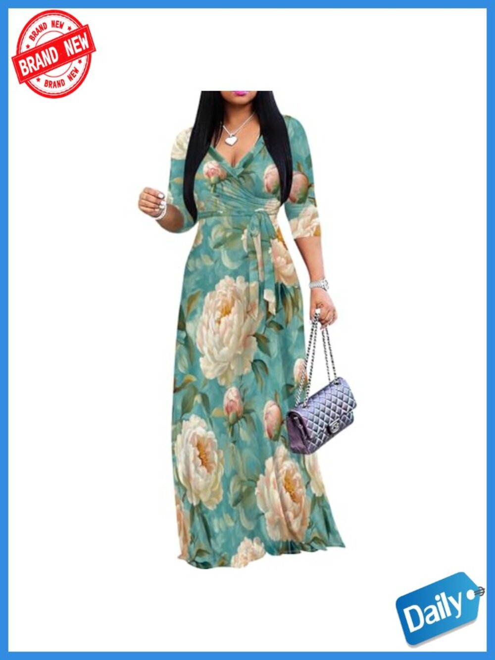 Plus Size Floral Print Maxi Dress 3/4 Sleeve with Belt Flowy